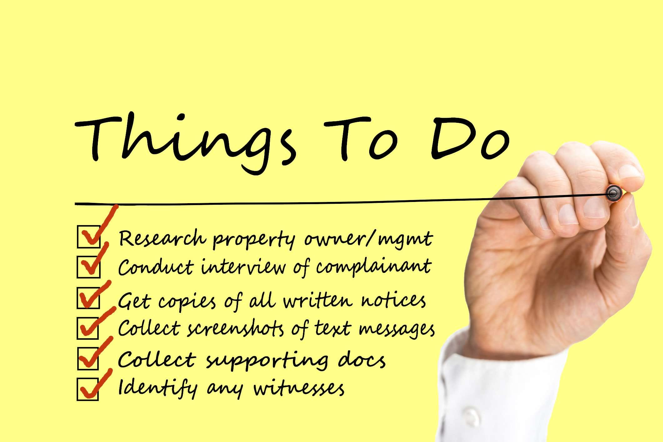 Things to do list: Research property owner management Conduct interview of complaint Get copies of all written notices Collect screenshots of all text messages Collect supporting docs Identify any witnesses